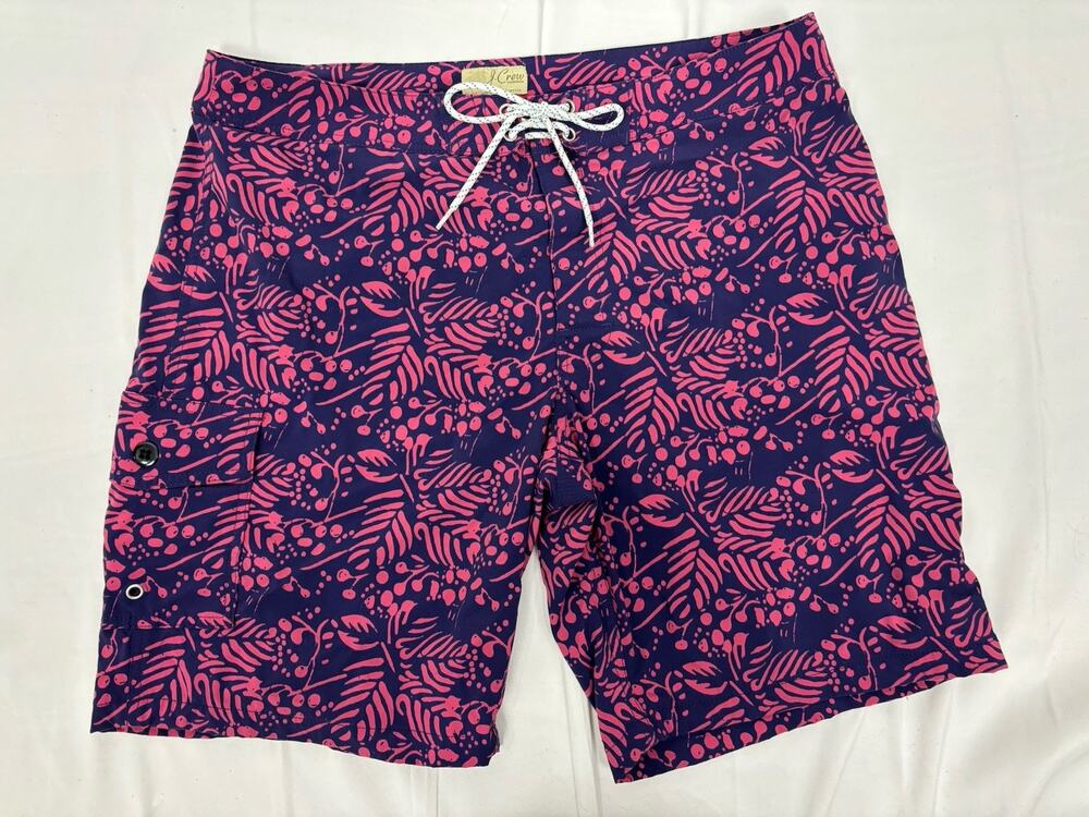 J. Crew 9 In Stretch Eco Swim Board Short iVines Print Purple Pink Palm Leaf 34